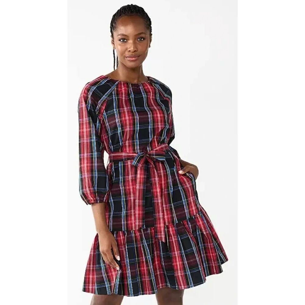 Draper James RSVP Tiered Midi Dress XL Red Black Plaid Smocked Bow Back Stretch